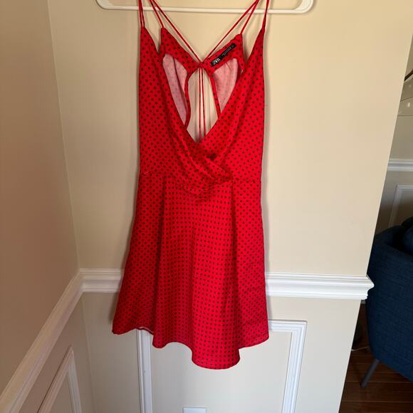 ZARA Polka Dot Red Open Crossover Back Mini Cocktail Satin Dress Preppy Summer - Picture 6 of 16